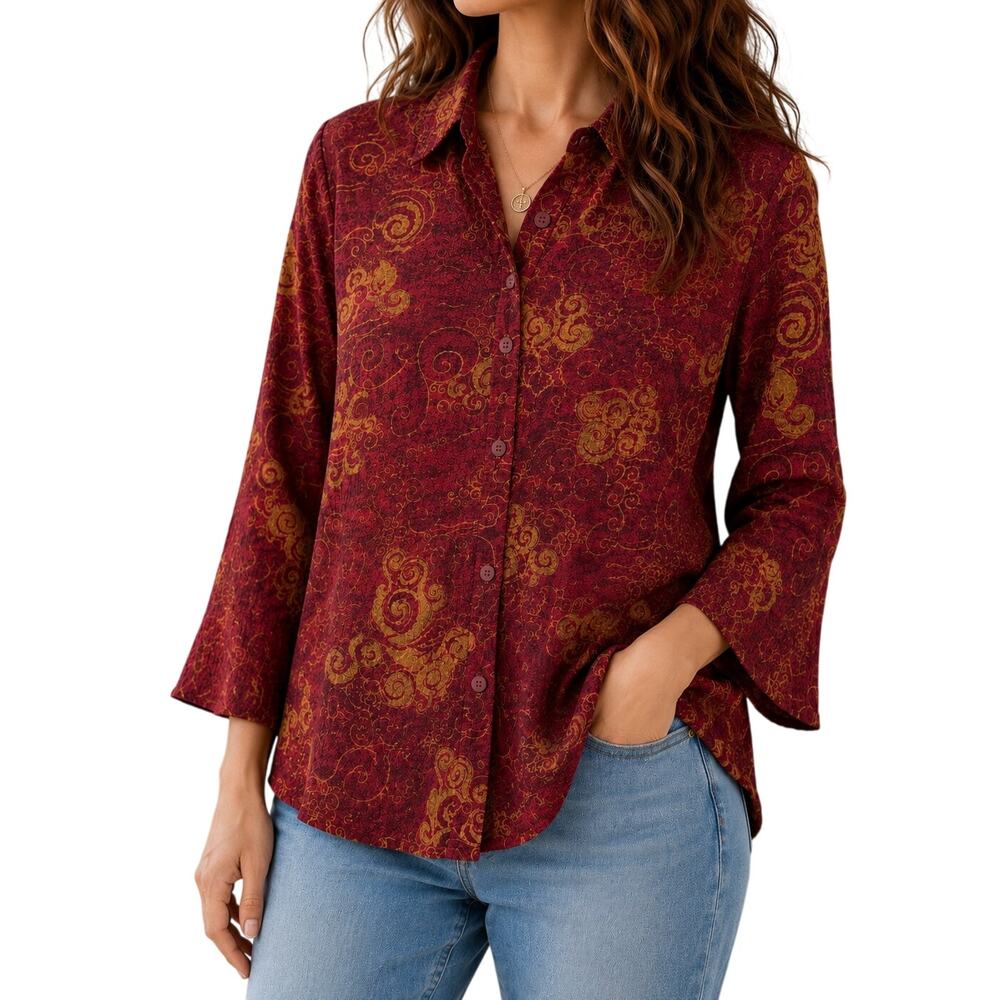 NEW NWT Habitat Sz Small Red Wine Fall Autumn Christmas Blouse Shirt Top Artsy